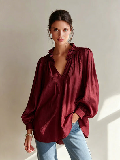Women's Ruffle V-Neck Blouse Long Sleeve Loose Fit Top