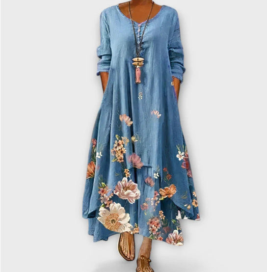 Women's Boho Floral Long Sleeve Asymmetrical Maxi Dress