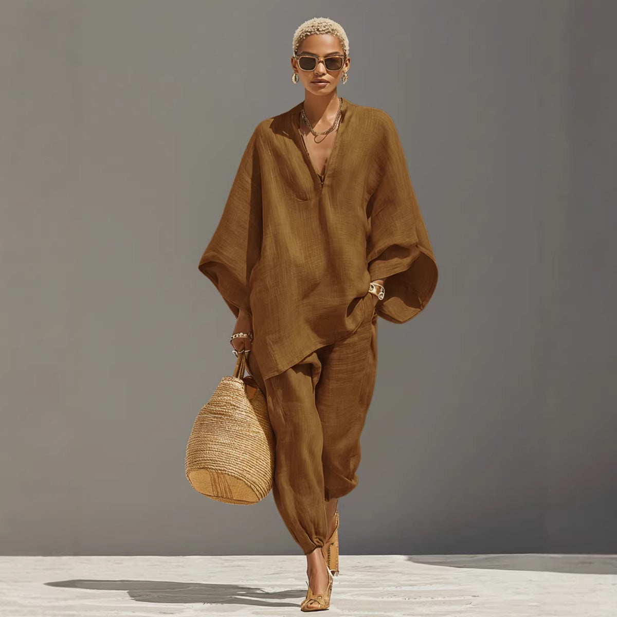 Women's Linen Blend Batwing V-Neck Two Piece Set