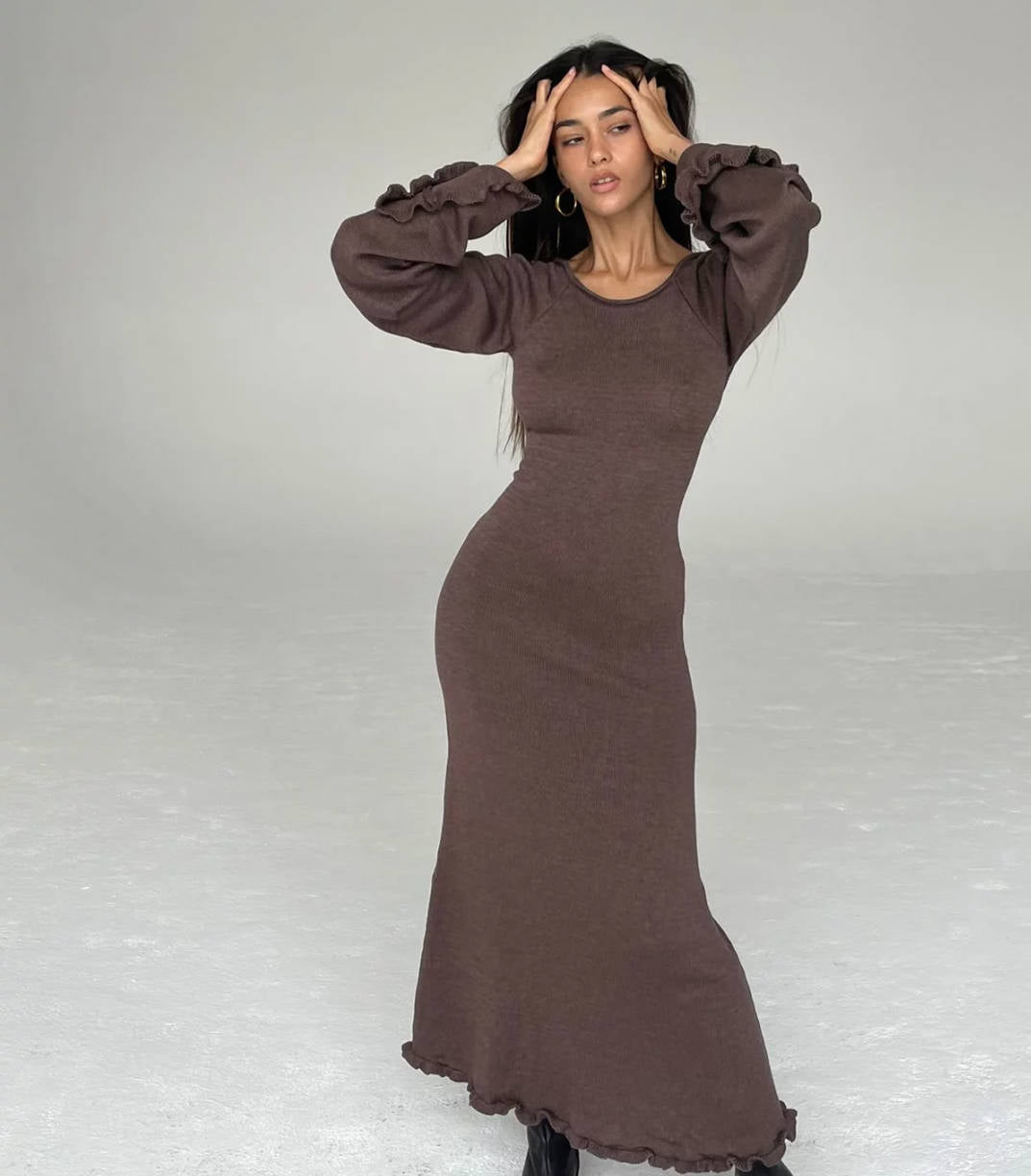 Backless Tie Back Knit Maxi Dress Long Ruffle Sleeve