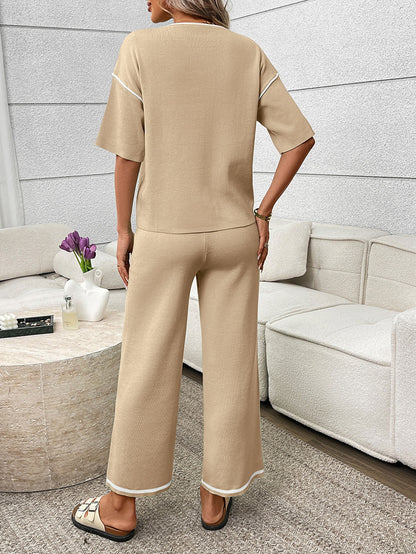 Mint Knit Lounge Set Short Sleeve Top Wide Leg Pants