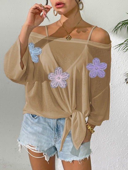 Women's Sheer Tie Front Beach Cover Up Lace Floral Top