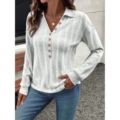 Ribbed Knit Collared V Neck Button Pullover Sweater