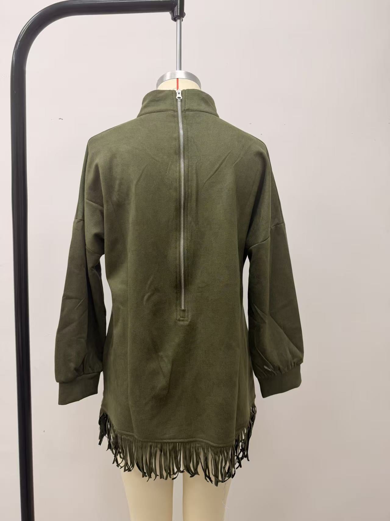 Mock Neck Suede Fringe Dress Long Sleeve Pockets