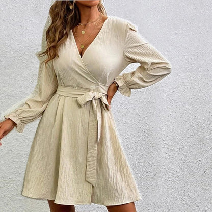 Women's Wrap V-Neck Long Sleeve Tie Waist Dress
