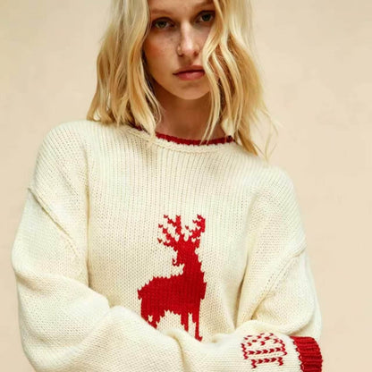 Women's Oversized Reindeer Christmas Crewneck Sweater