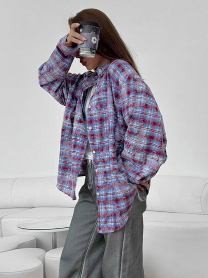 Oversized Plaid Cotton Shacket Long Sleeve Button Up