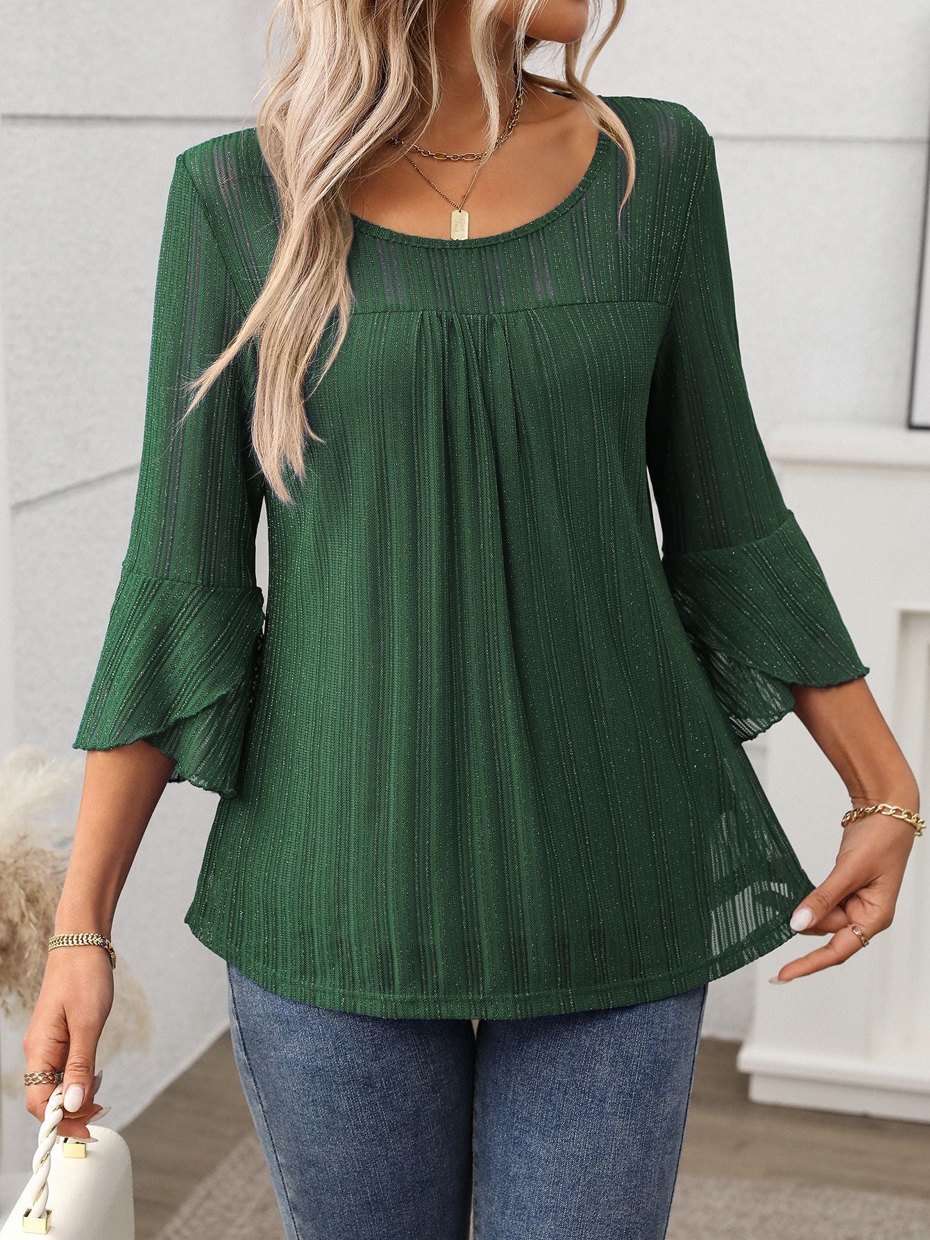 Elegant Round Neck Lotus Leaf Sleeve Mesh Top