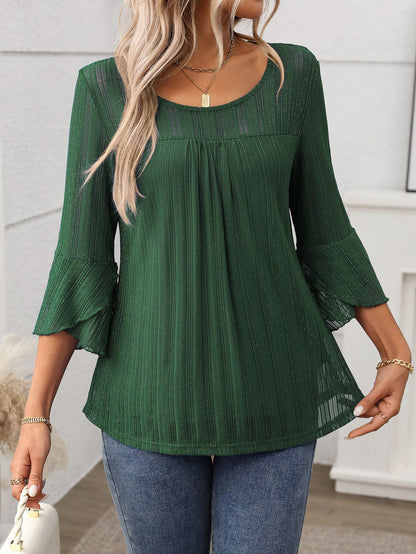 Elegant Round Neck Lotus Leaf Sleeve Mesh Top