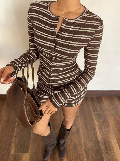 Brown Blue Stripe Knit Cardigan Set Slim Fit Long Sleeve Shorts