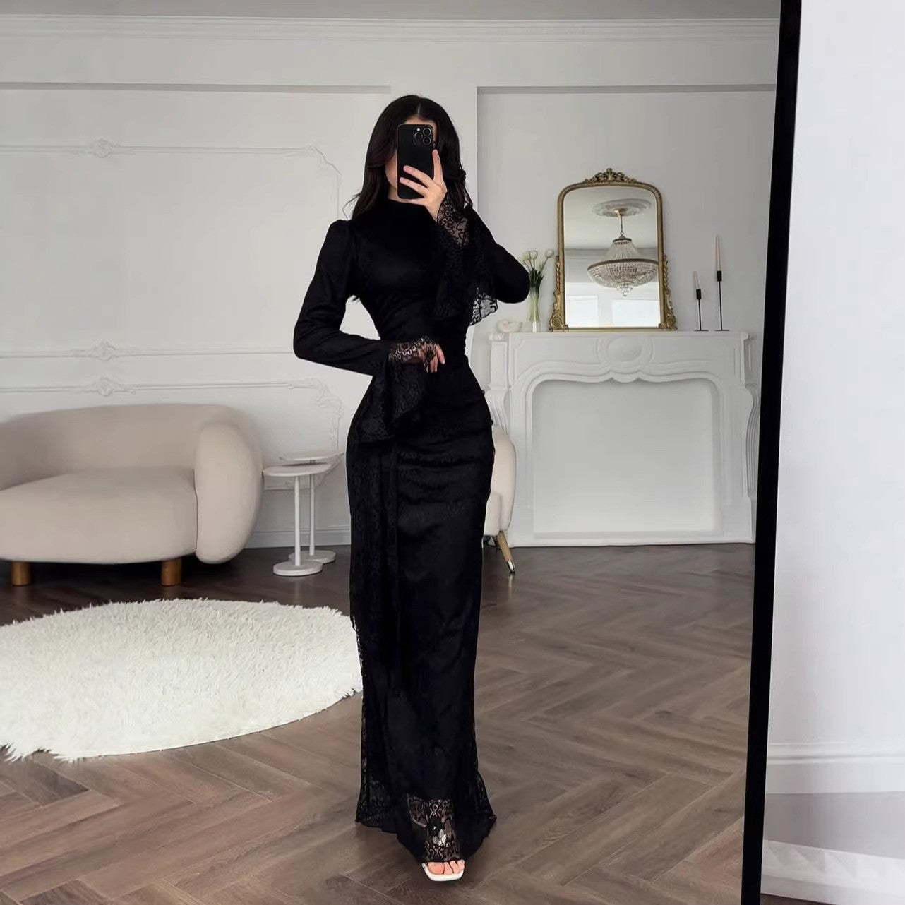 Lace Mock Neck Long Sleeve Bodycon Evening Maxi Dress