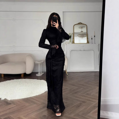 Lace Mock Neck Long Sleeve Bodycon Evening Maxi Dress
