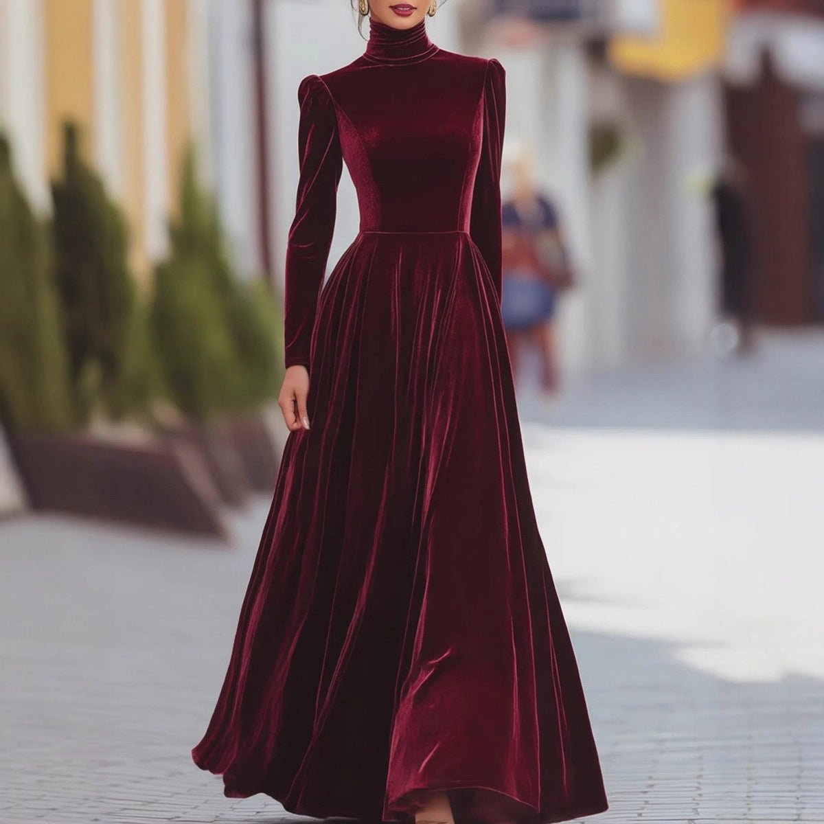Velvet Turtleneck Long Sleeve Maxi Dress Fit Flare