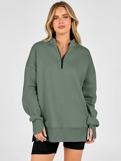 Oversized Half Zip Sweatshirt Side Slit Pullover Tunic