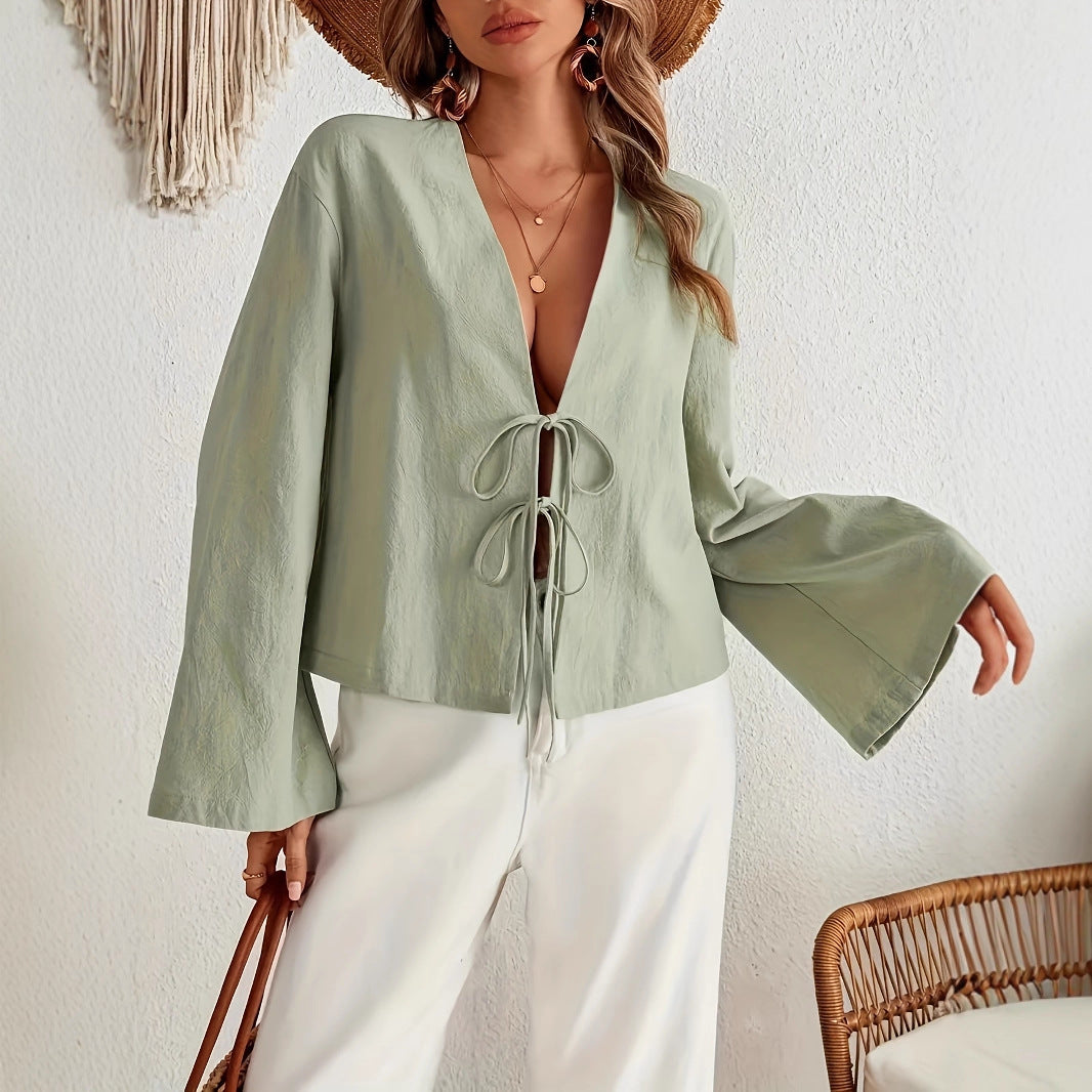 Tie Front V Neck Long Sleeve Bell Sleeve Blouse