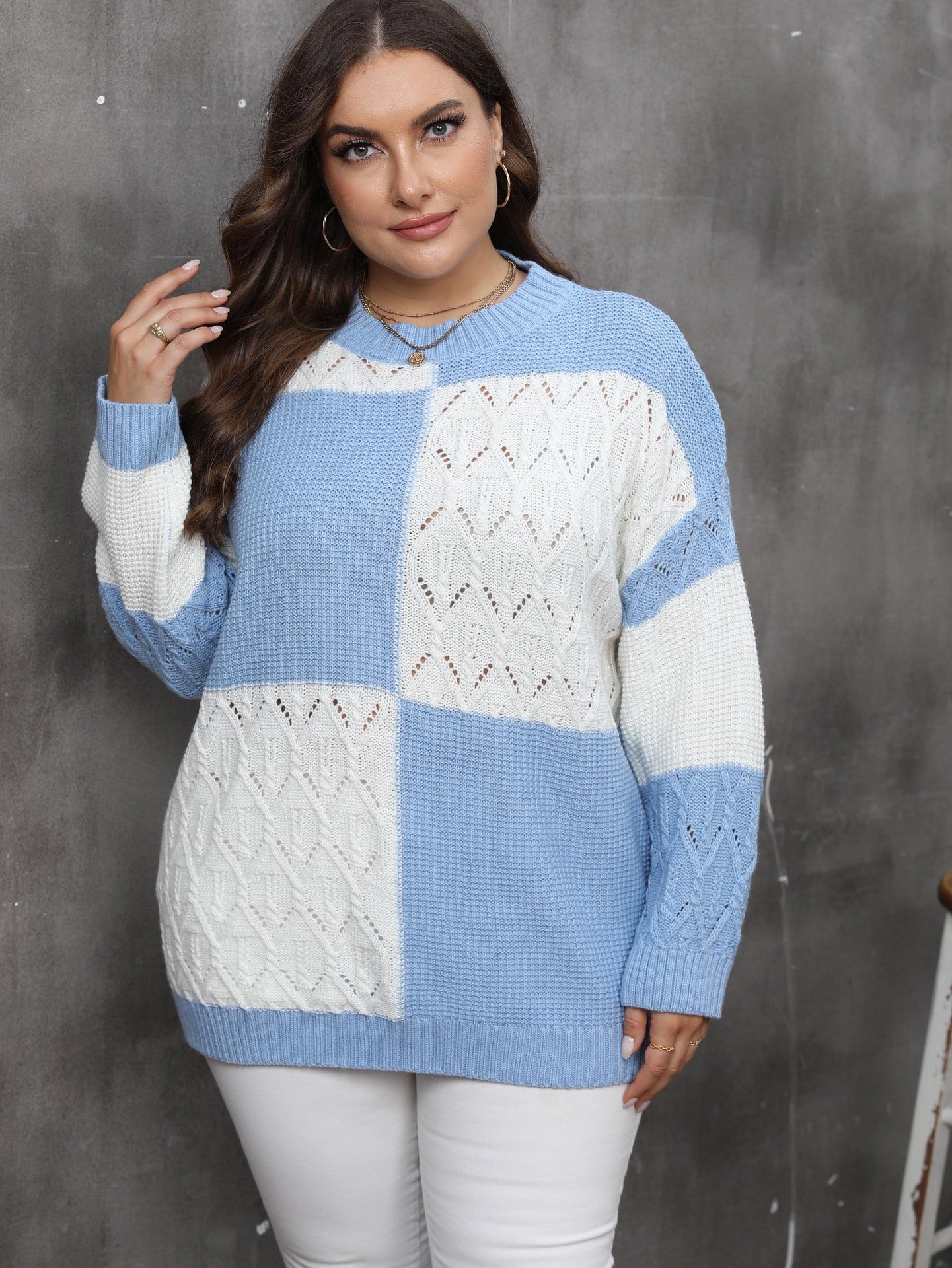 Women's sweater contrasting color splicing plaid sweater long sleeves