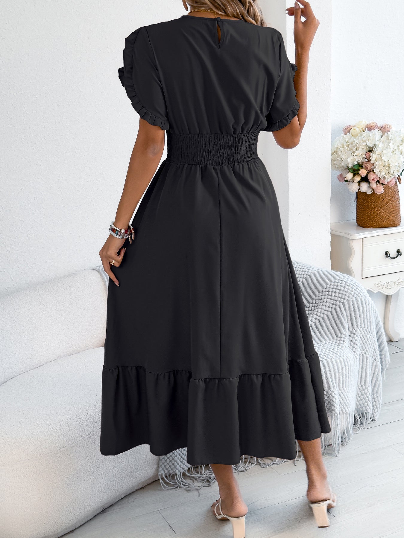 Ruffle Sleeve Smocked Waist Maxi Dress Casual Flowy