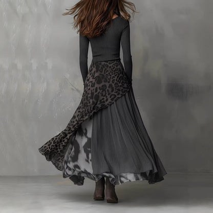 Leopard Long Sleeve Asymmetrical High Waist Maxi Dress