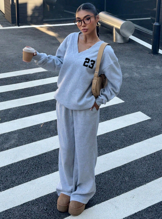V Neck Graphic Sweatshirt Wide Leg Sweatpants Set