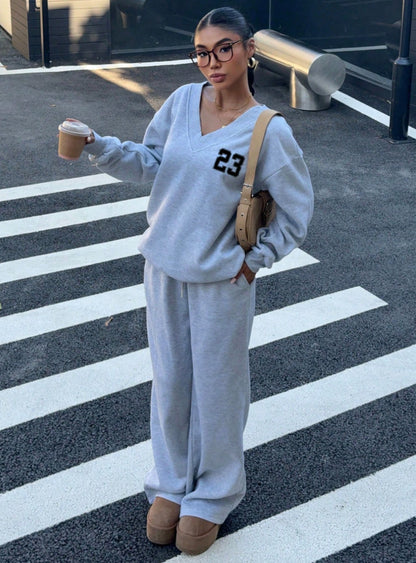 V Neck Graphic Sweatshirt Wide Leg Sweatpants Set