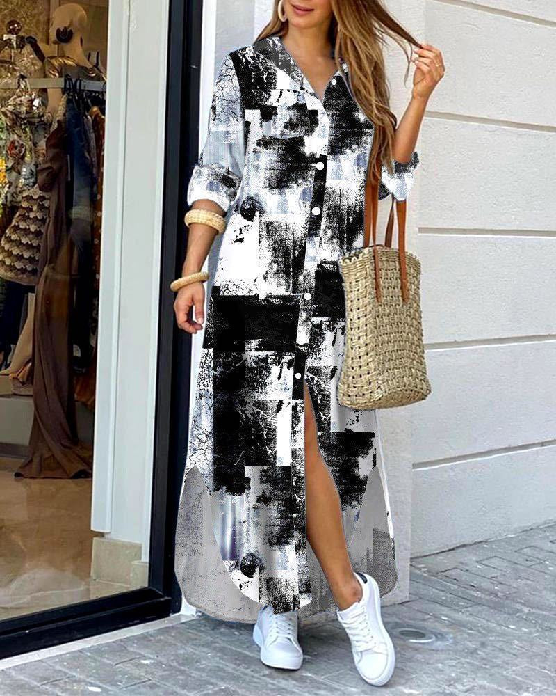 Women's Long Sleeve Button Down Printed Maxi Shirt Dress