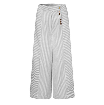 Women's Striped High Waist Wide Leg Pants Button Detail