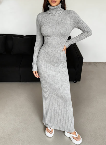 Ribbed Turtleneck Long Sleeve Bodycon Maxi Dress