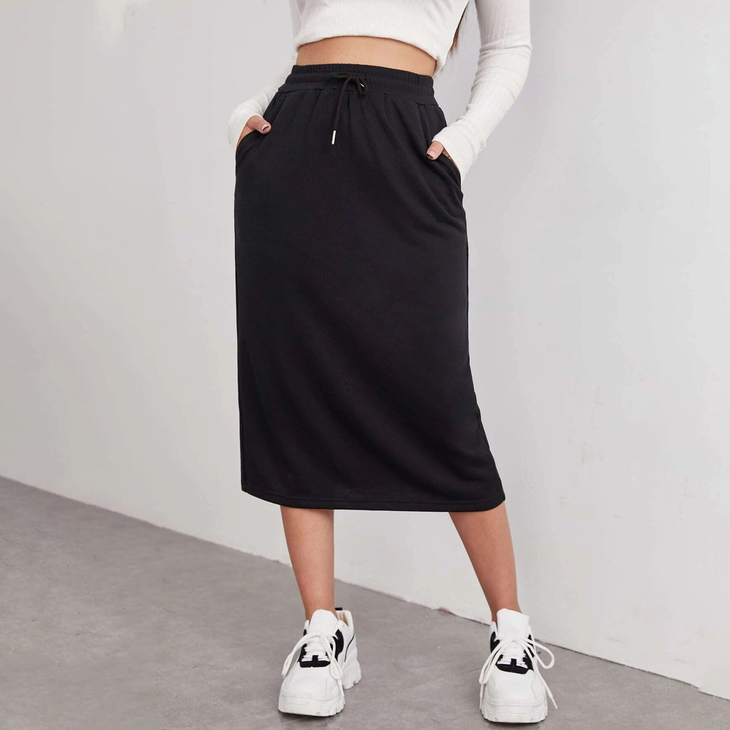 Solid Midi Skirt Drawstring Waist Pocket Slit Casual