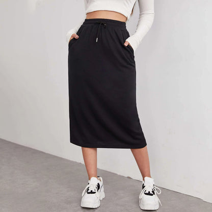 Solid Midi Skirt Drawstring Waist Pocket Slit Casual