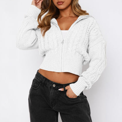 Women’s Solid Knit Zipper Hoodie Long Sleeve Cropped Sweater