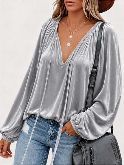 Women's Velvet V-Neck Drawstring Long Sleeve Blouse