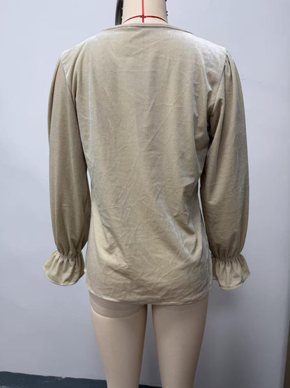 Women's V-Neck Bell Sleeve Ruched Blouse Top