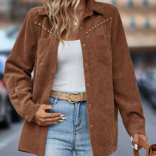 Women's Corduroy Shacket Studded Button Down Jacket