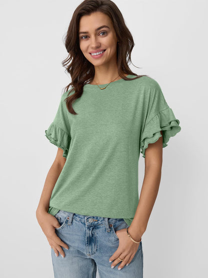 Women’s Ruffle Sleeve Crew Neck Tee Casual Summer Top