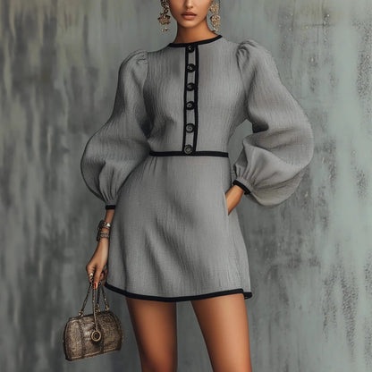 Tweed Mini Dress Puff Sleeve Button Front Contrast Trim