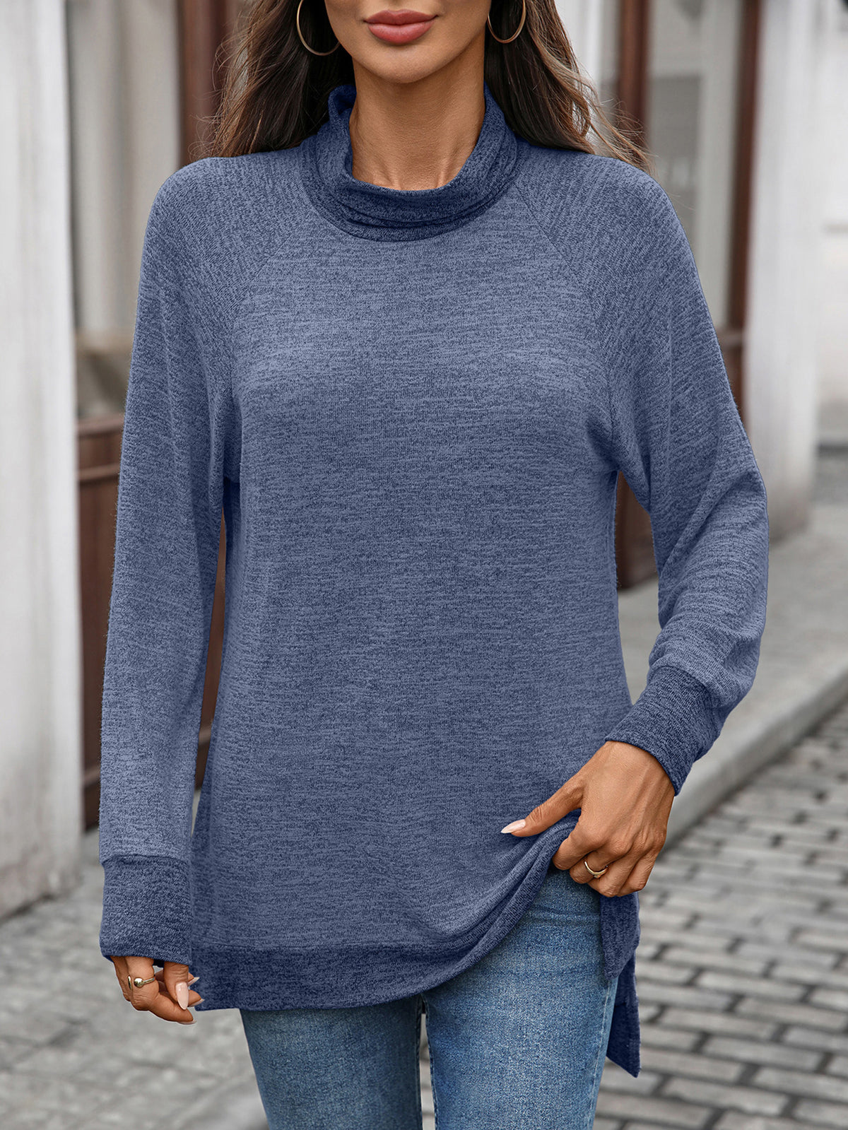 Women's Color Block Cowl Neck Long Sleeve Tunic Top