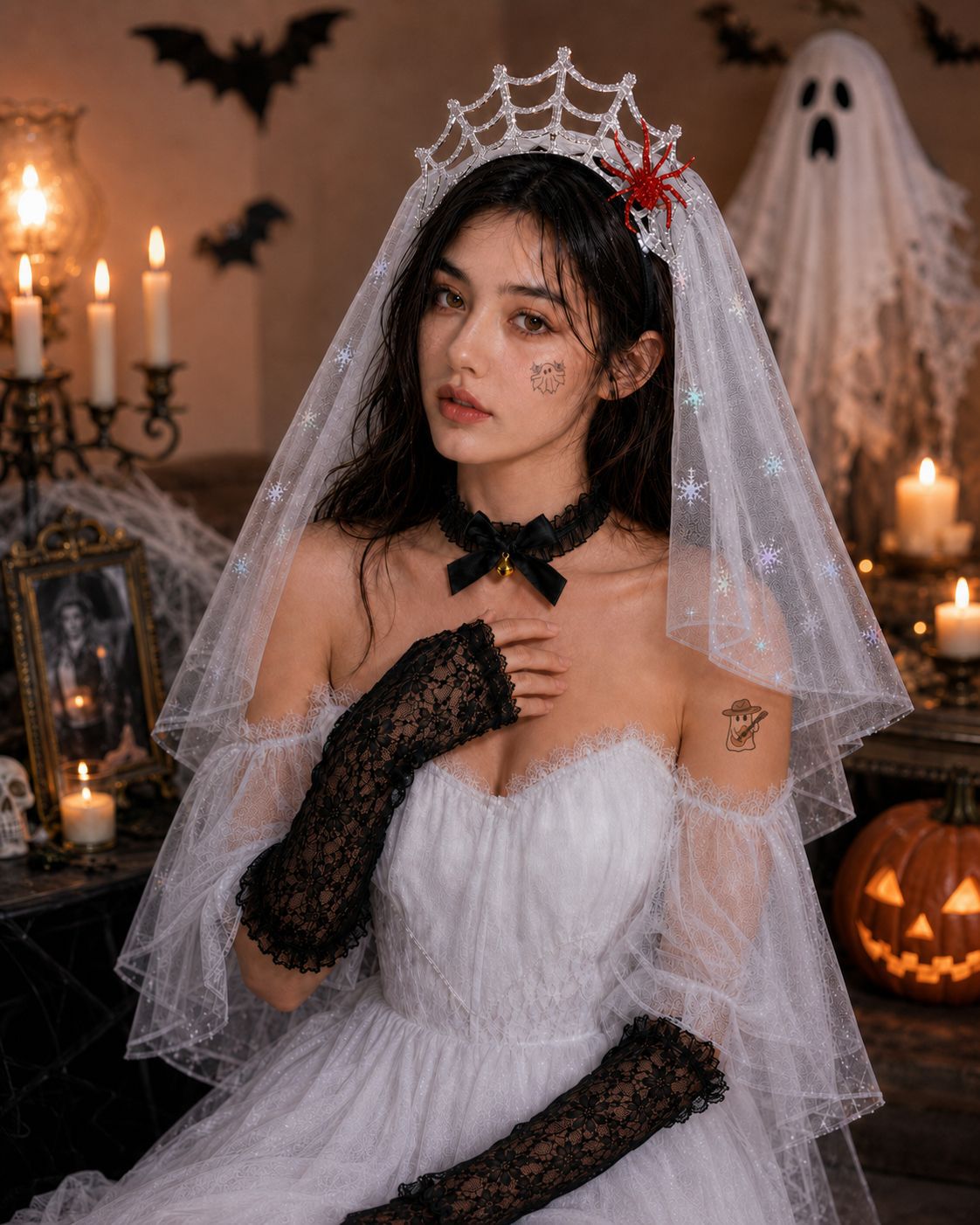 Ghost Bride Halloween Costume Set Veil Choker Gloves
