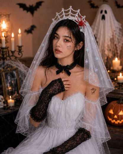 Ghost Bride Halloween Costume Set Veil Choker Gloves