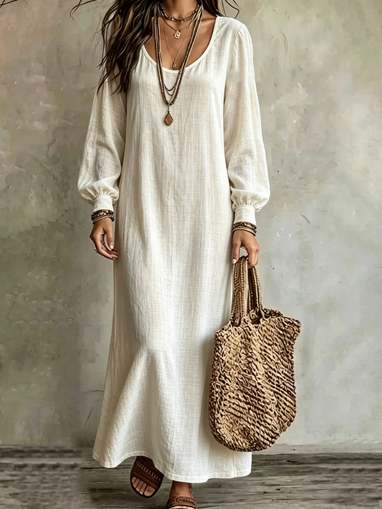 Women's Boho Long Sleeve U-Neck Maxi Dress Loose Solid