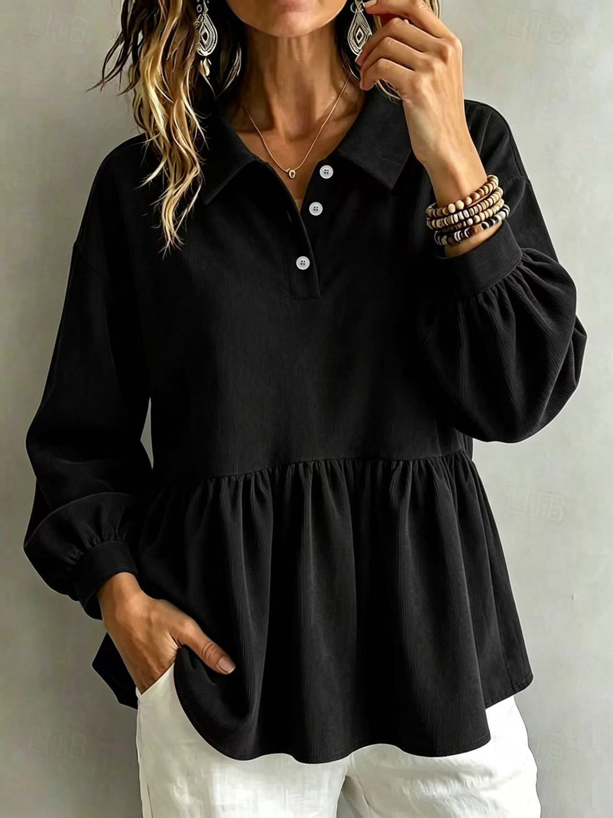 Plus Size Corduroy Polo Long Sleeve Babydoll Blouse