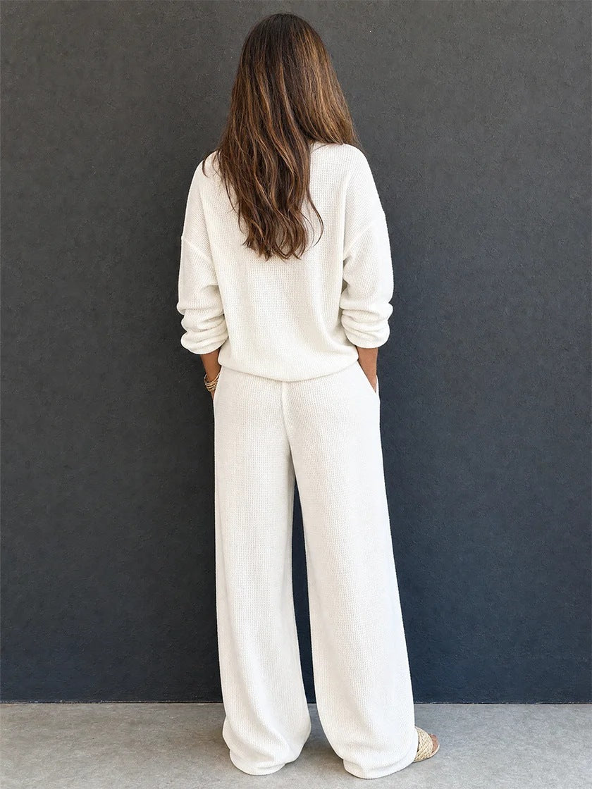 Waffle Knit Lounge Set Women Two Piece Wide Leg Pants