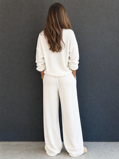 Waffle Knit Lounge Set Women Two Piece Wide Leg Pants