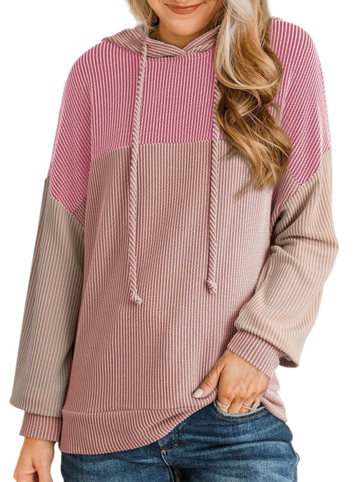 Color Block Ribbed Knit Hoodie Long Sleeve Sweatshirt