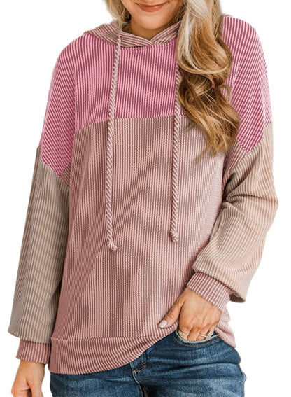 Color Block Ribbed Knit Hoodie Long Sleeve Sweatshirt