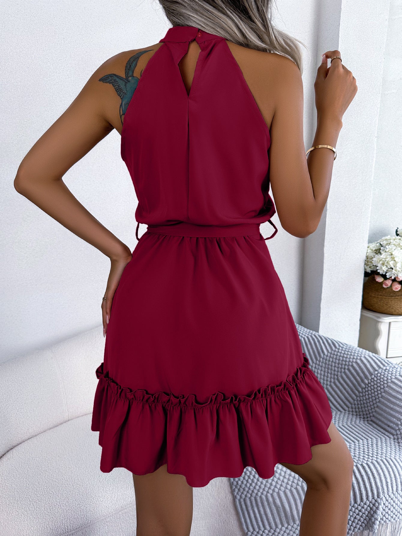 Sleeveless Halter Ruffle Hem Mini Dress with Belt
