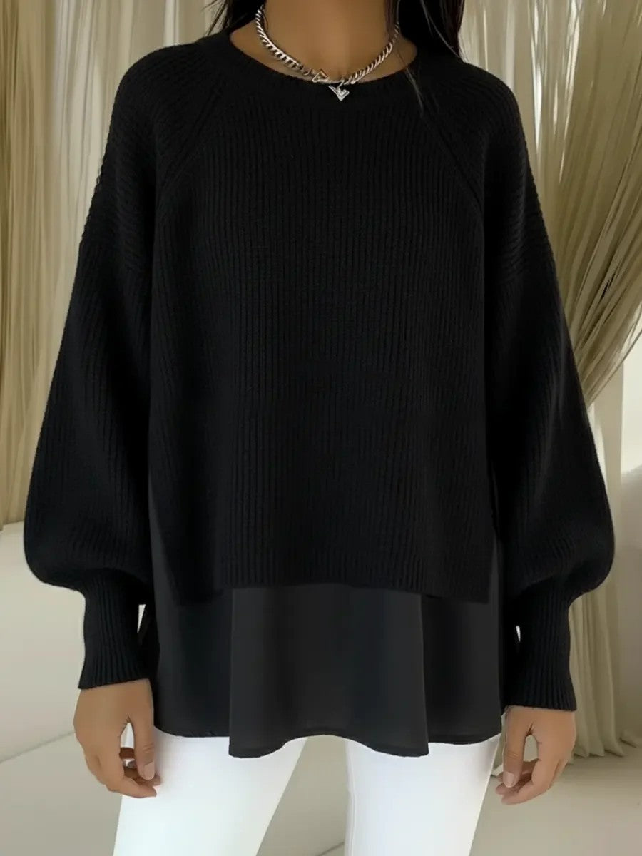 Women's Layered Chiffon Hem Balloon Sleeve Sweater