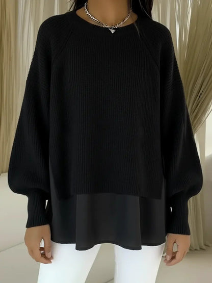 Women's Layered Chiffon Hem Balloon Sleeve Sweater