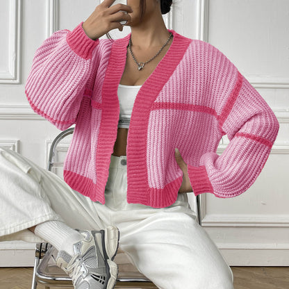 Color Block Cardigan Sweater with Loose Fit for Fall