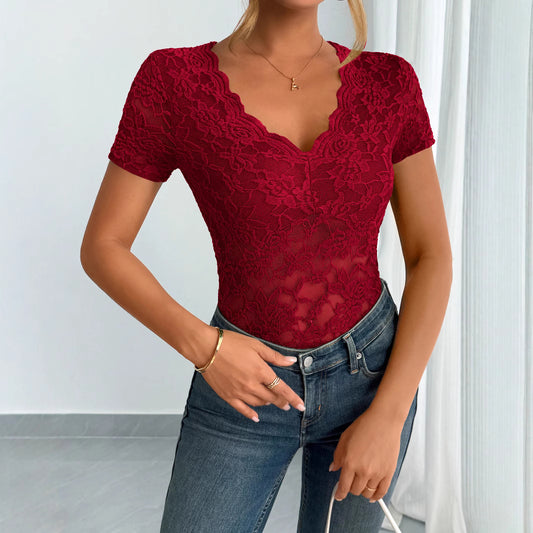 Sexy Lace V-Neck Short Sleeve Top Elegant Sheer Blouse
