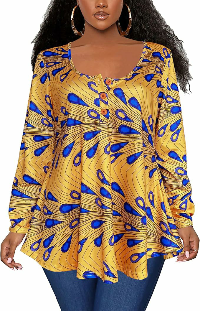 Plus Size African Print Long Sleeve Henley Tunic Top